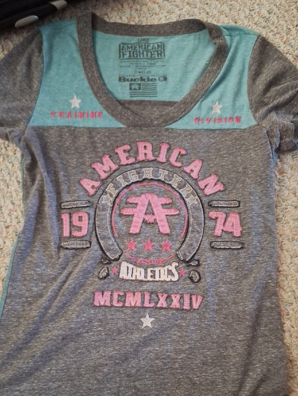 American Fighter Womans Gray Teal Short-Sleeve Graphic Tee with Pink Accents